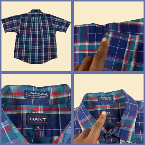 90s XL Gant shirt, vintage blue & teal short sleeve plaid mens button down top - Picture 2 of 10